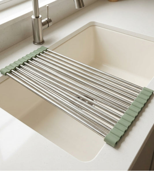 Kfpwz Roll-Up Stainless Sink Draining Rack 18 Rods Sage - Lifestyle view