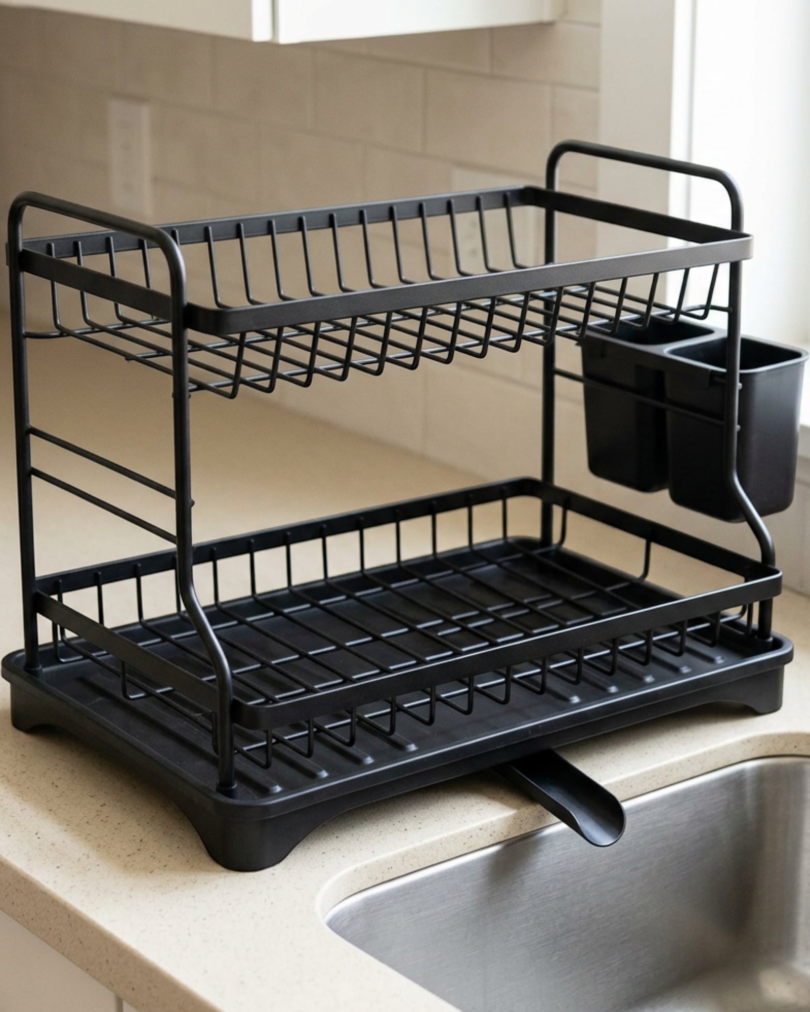 Kfpwz Two-Tier Dish Draining Rack with Swivel Spout Charcoal - Lifestyle view