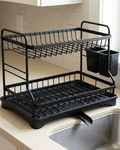 Kfpwz Two-Tier Dish Draining Rack with Swivel Spout Charcoal - Lifestyle view